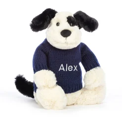 Bashful Black & Cream Puppy with Personalised Navy Jumper